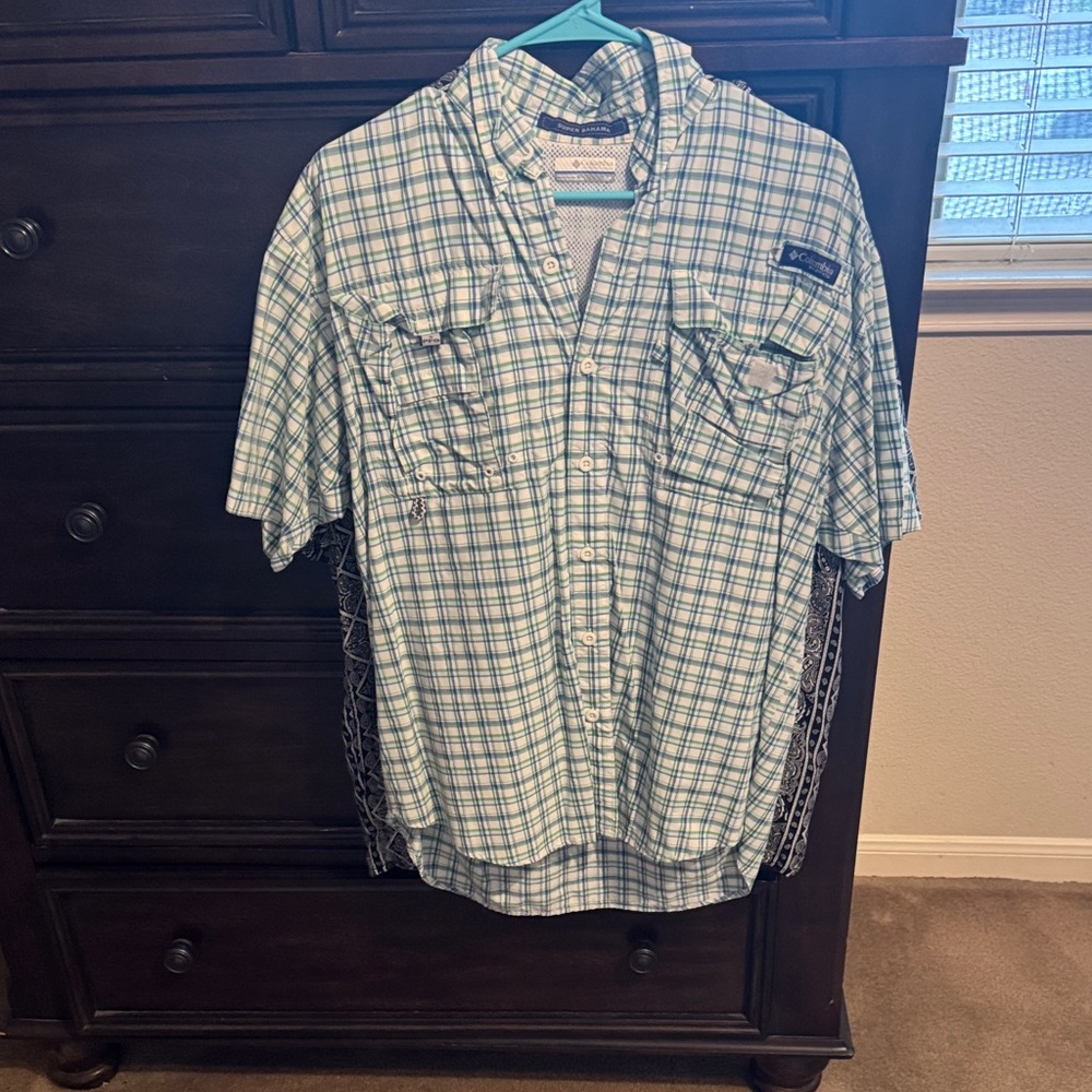 Columbia Men's Green and White Plaid Button Down Shirt